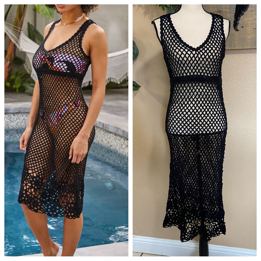 NWOT Lulus Beach for the Stars Black Crochet Midi Swim Cover-Up